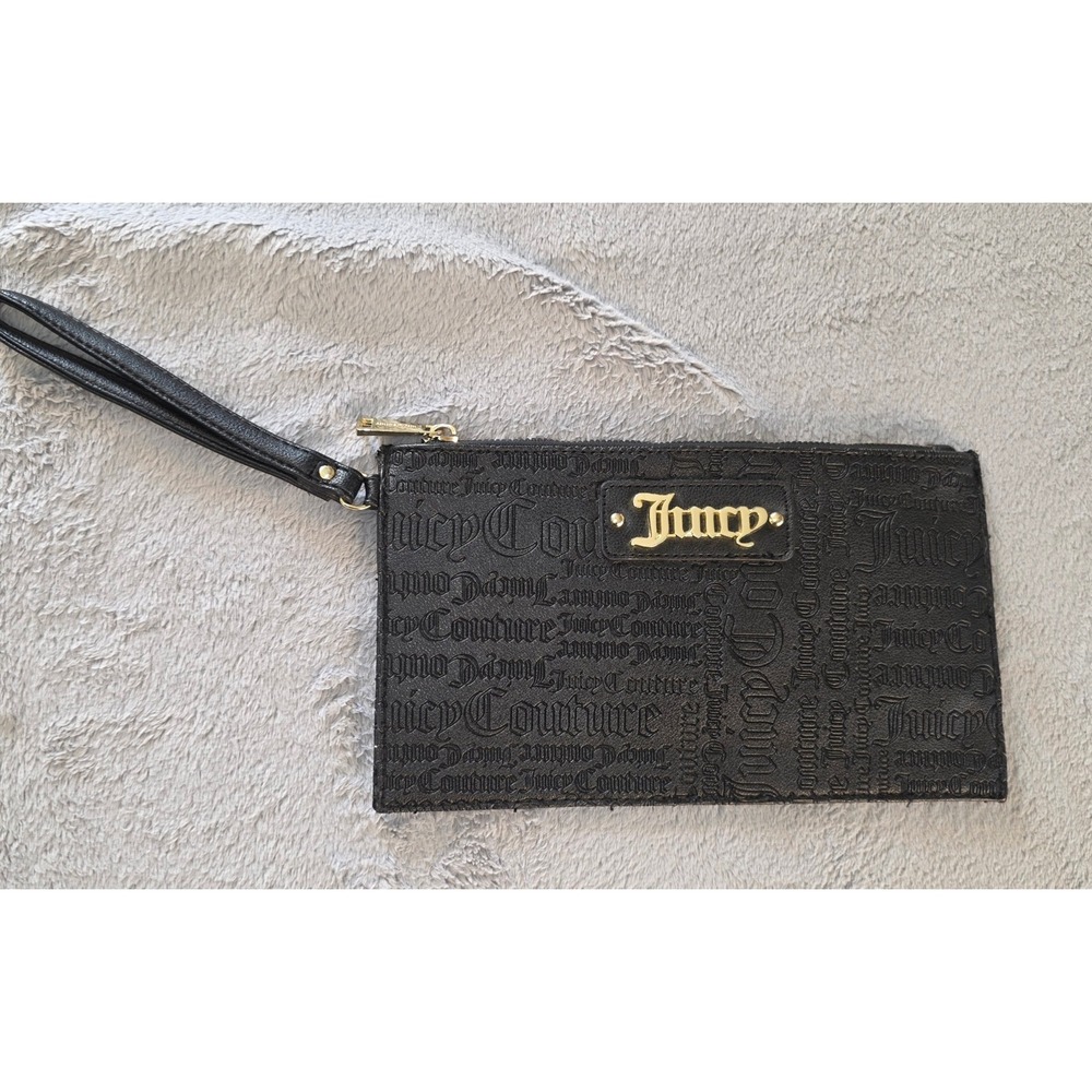 Juicy Couture Black Embossed Logo Wristlet Clutch Bag Gold Tone Hardware